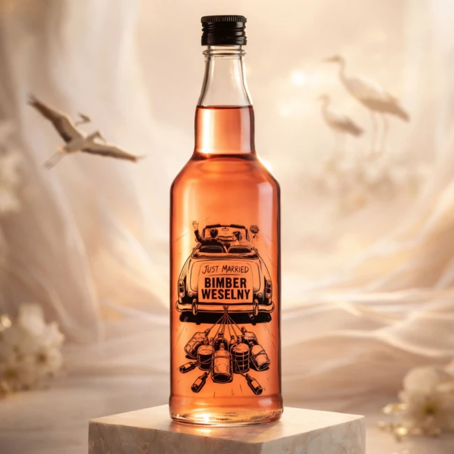 Butelki 500 ml z nalewką na weselnym stole