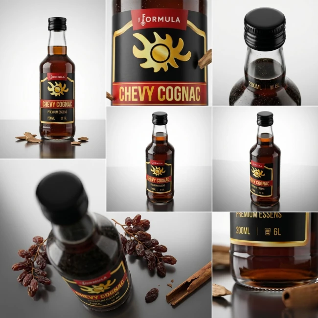Butelki z domowym koniakiem i zaprawka CHEVY COGNAC