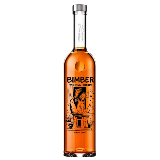 Butelka 500ml FUTURA GPI z czarnym nadrukiem Bimber Wedding Edition Ceremonia i srebrną zakrętką – flaszka na wódkę weselną.