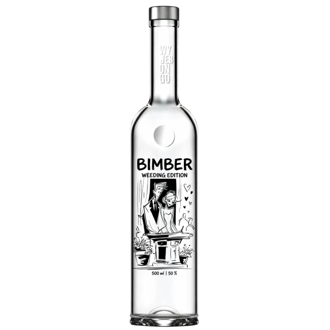 Szklana butelka bimbrownicza 0.5l z trwałym nadrukiem Pary Młodej na alkohol weselny i stół weselny.