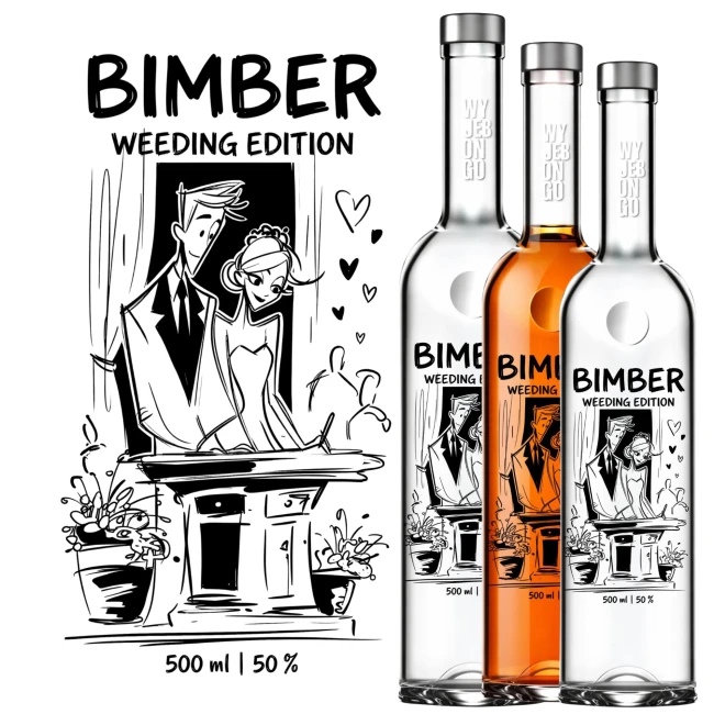 Ozdobne butelki na alkohol z czarnym nadrukiem satyrycznym Wedding Edition na domową wódkę i samogon.