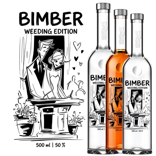 Ozdobne butelki na alkohol z czarnym nadrukiem satyrycznym Wedding Edition na domową wódkę i samogon.
