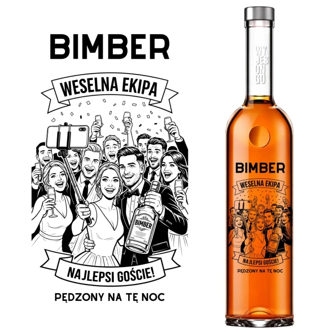 Butelka 500ml FUTURA GPI z czarnym nadrukiem Bimber Weselna Ekipa i srebrną zakrętką – flaszka na alkohol weselny.