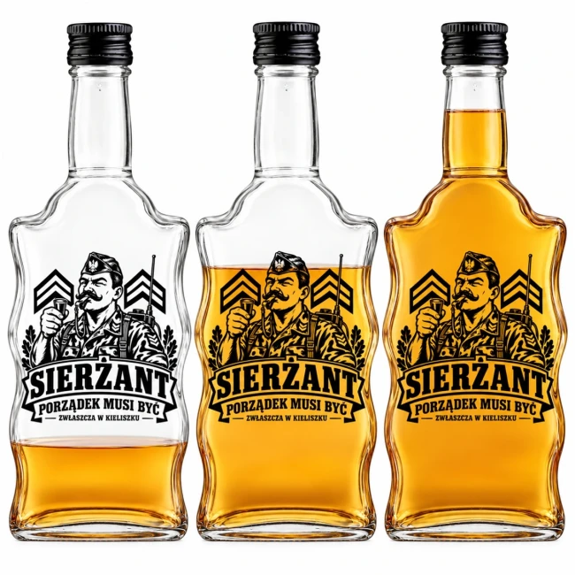 Trzy butelki Fala 500 ml Sierżant – pusta, napełniona do połowy i pełna nalewki