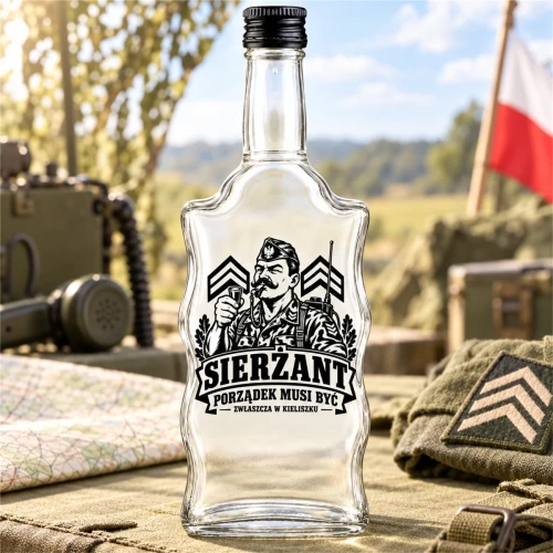 Butelka Sierżant 500 ml na stole polowym z mapą i radiostacją