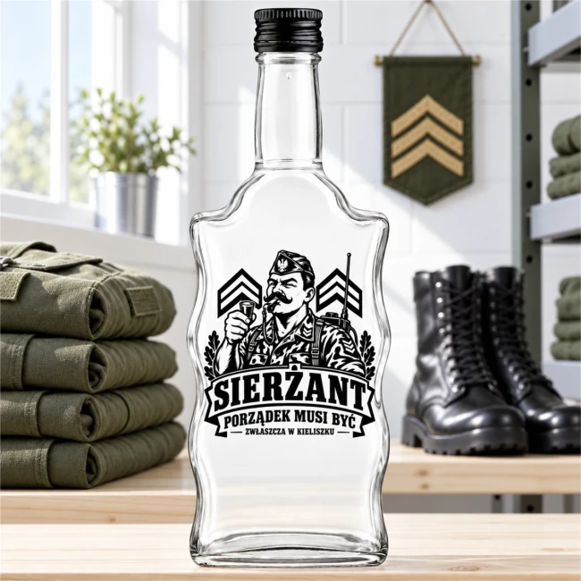 Butelka Fala 500 ml Sierżant obok mundurów i butów wojskowych